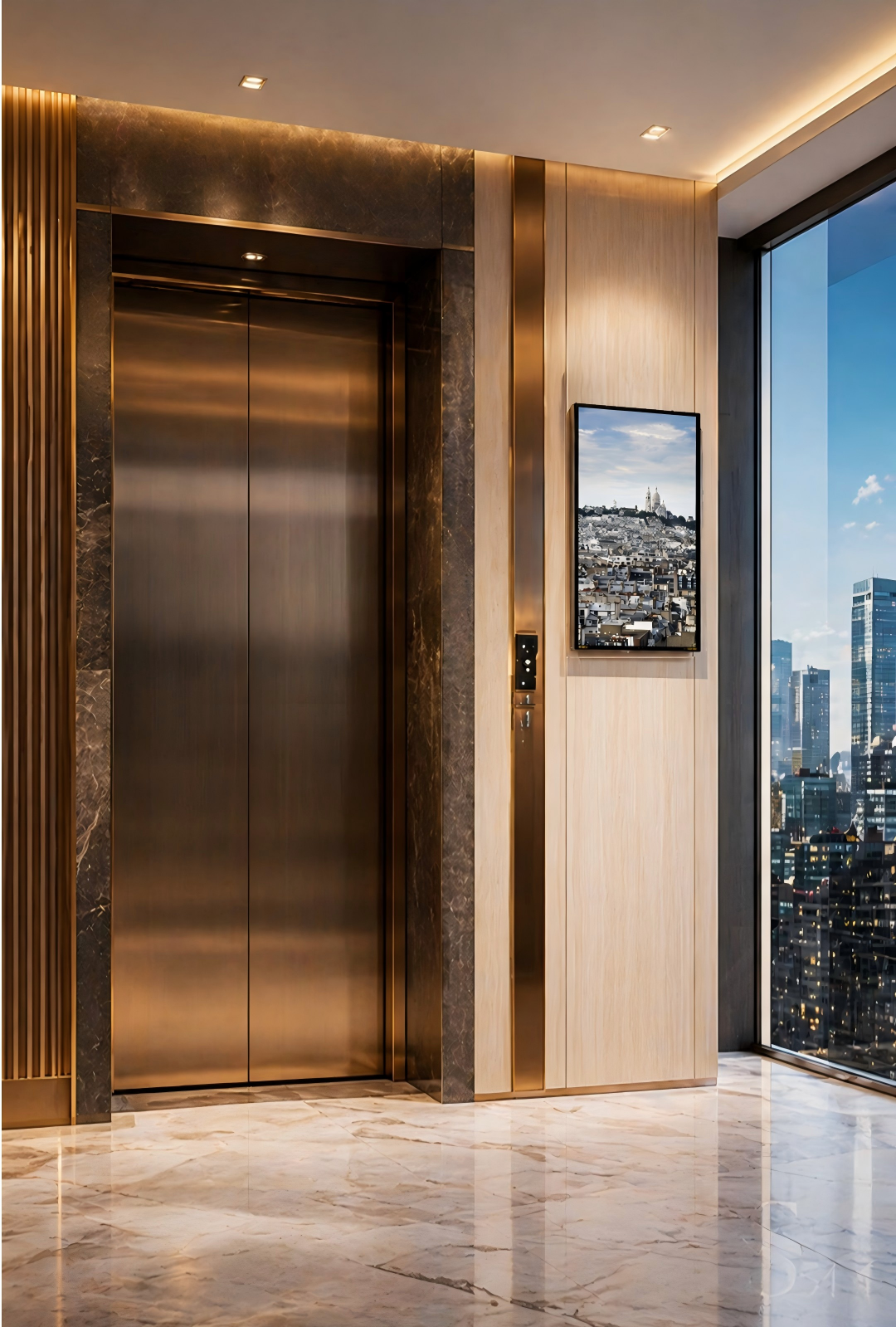 32-inch screen wall-mounted outside a lift