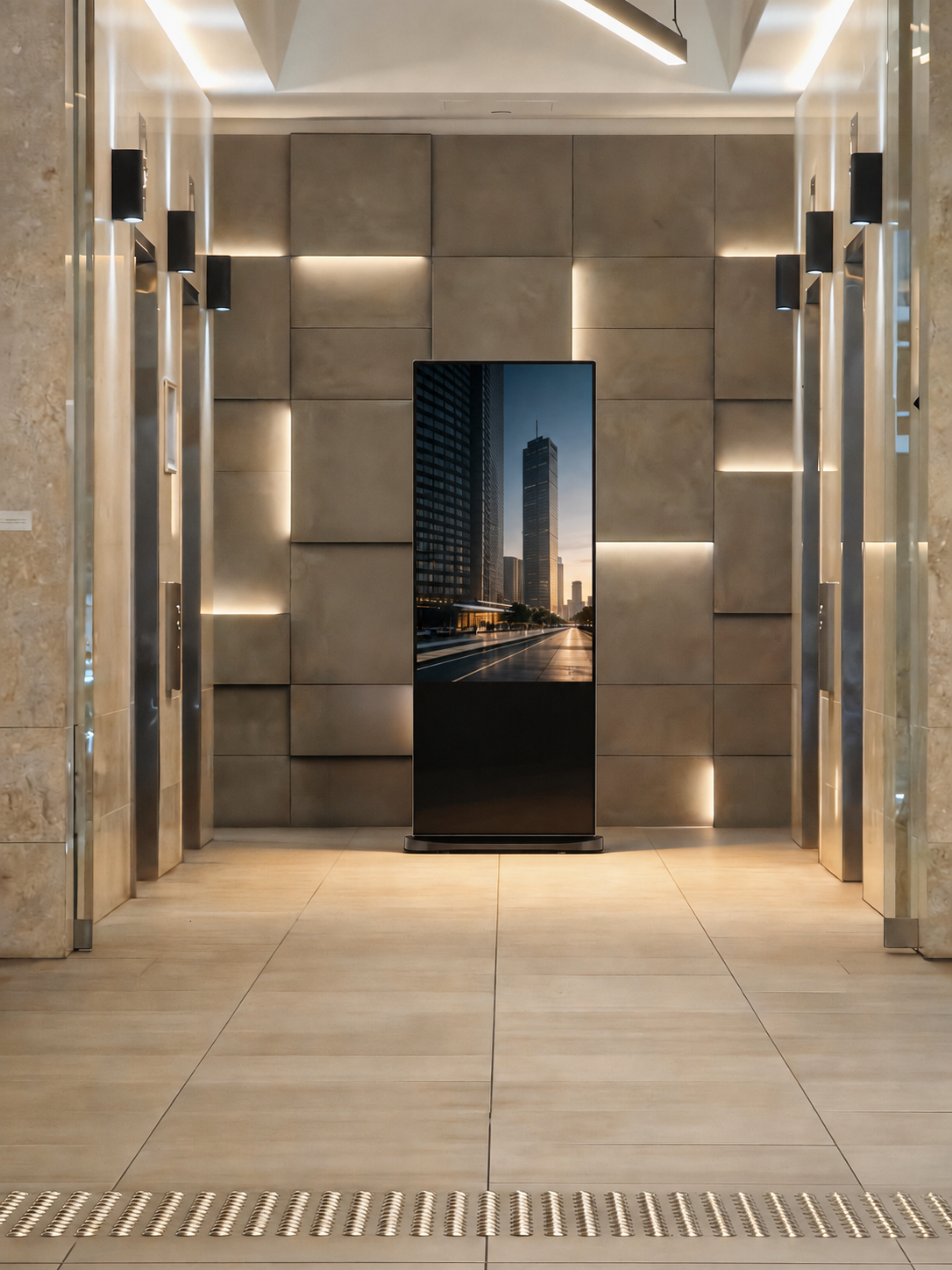 55-inch freestanding screen in a building lobby